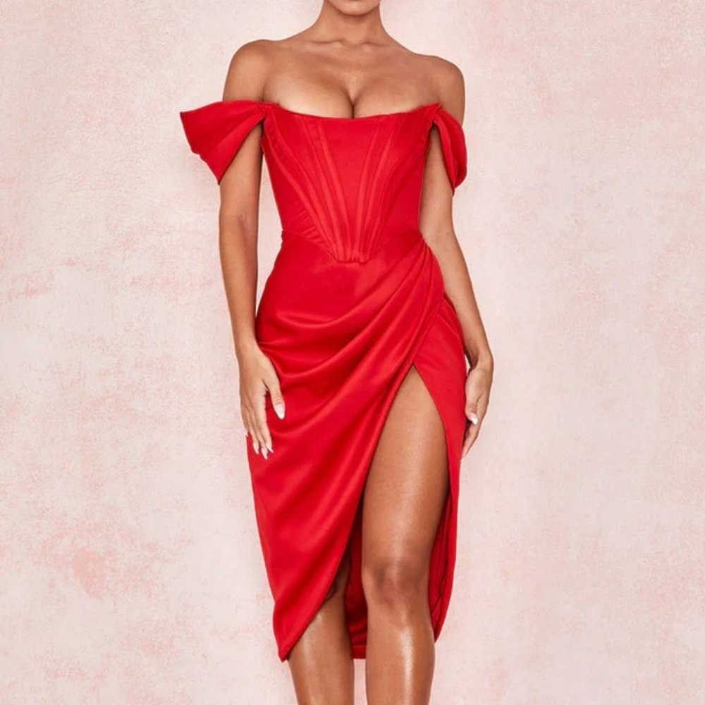 OFF SHOULDER RED SATIN DRESS (SIZE 4) - Picture 3 of 4